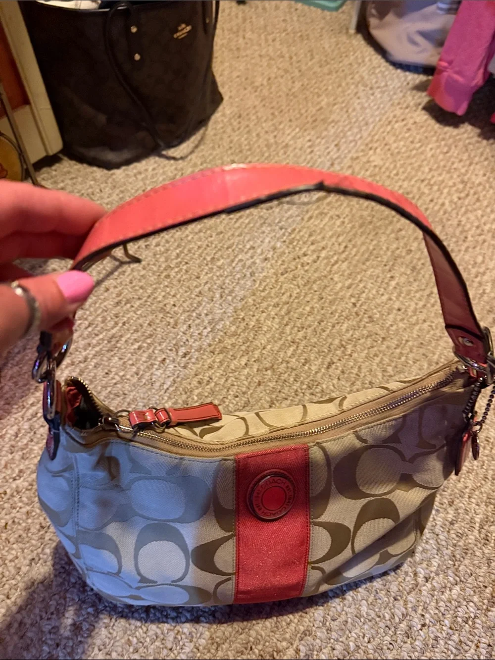 Coach Beige Signature Shoulder Bag with Pink Trim